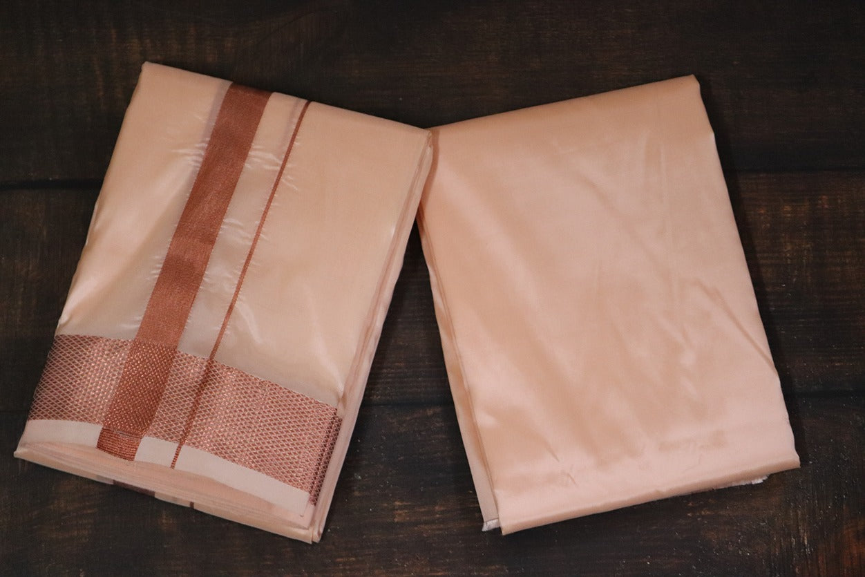 Artsilk Coral Combo Set (Shirt Fabric+Dhoti) with 100k Copper Border
