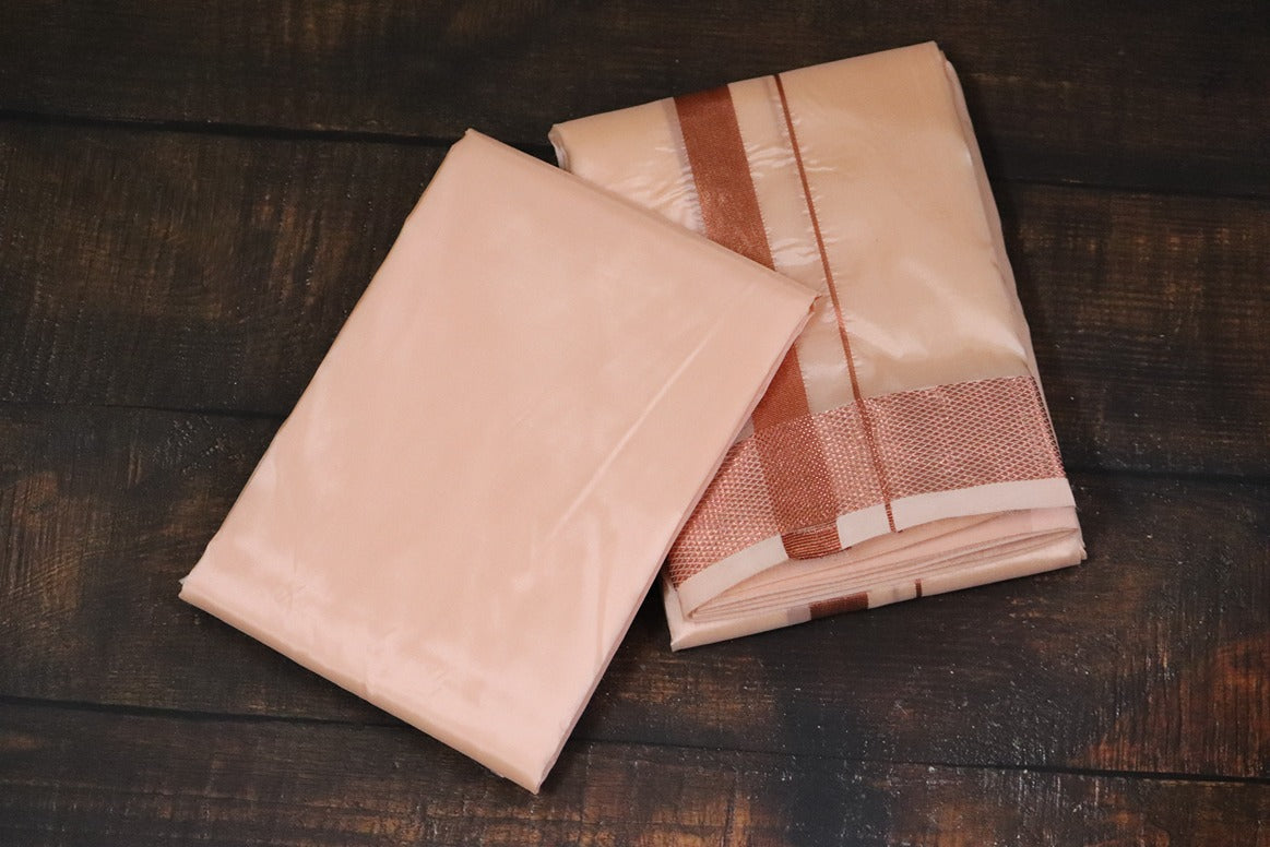 Artsilk Coral Combo Set (Shirt Fabric+Dhoti) with 100k Copper Border