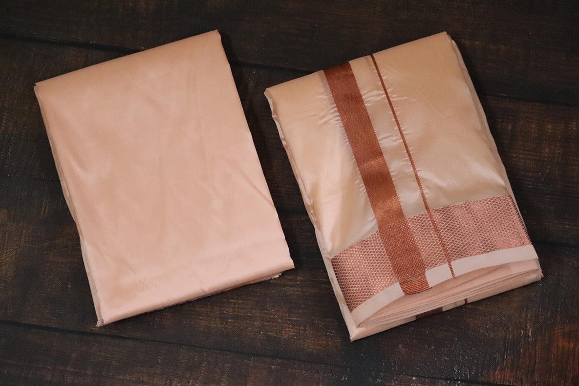 Artsilk Coral Combo Set (Shirt Fabric+Dhoti) with 100k Copper Border