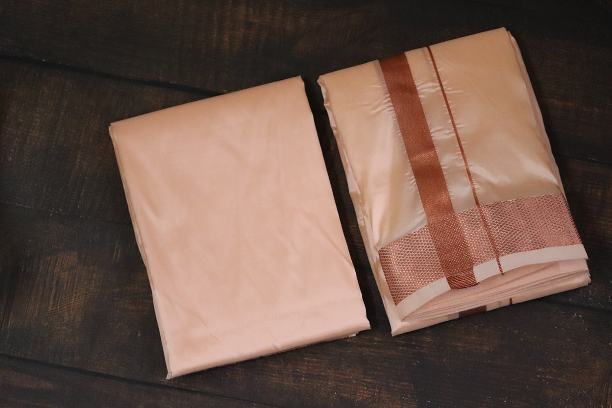Artsilk Coral Combo Set (Shirt Fabric+Dhoti) with 100k Copper Border