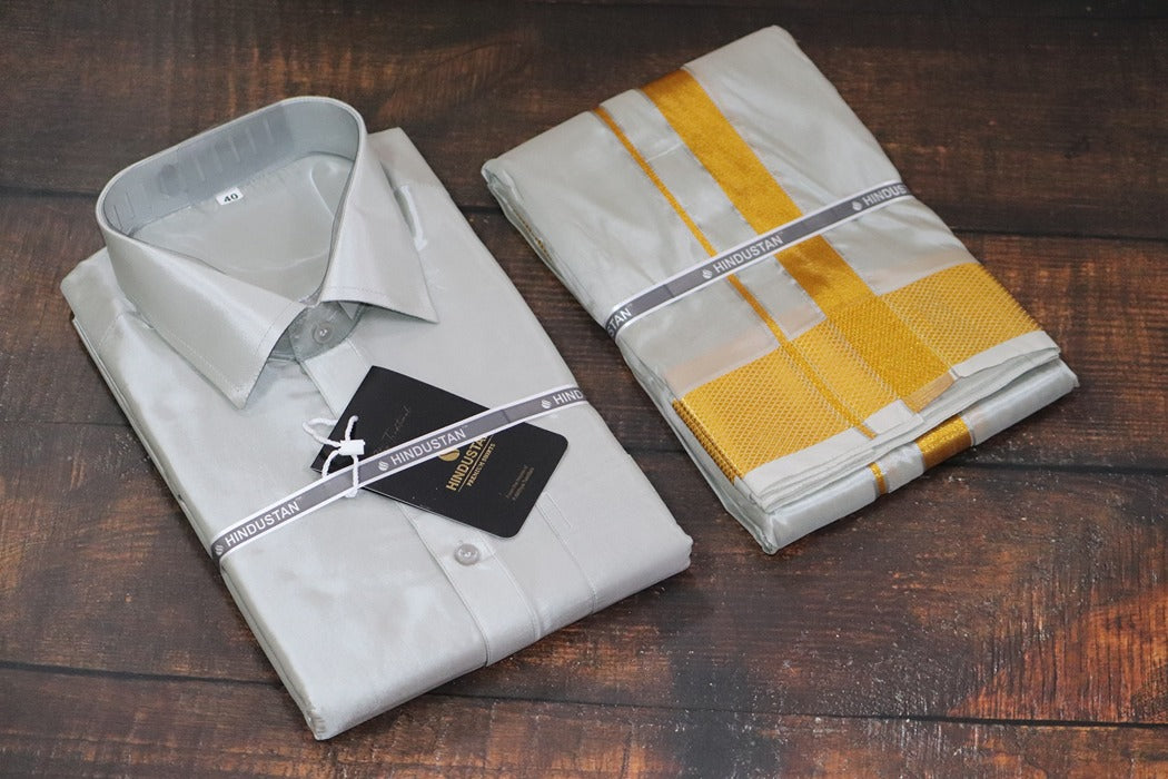 Artsilk Smoke Grey Shirt + Smoke Grey Dhoti with 100k Gold Border - Full Sleeve