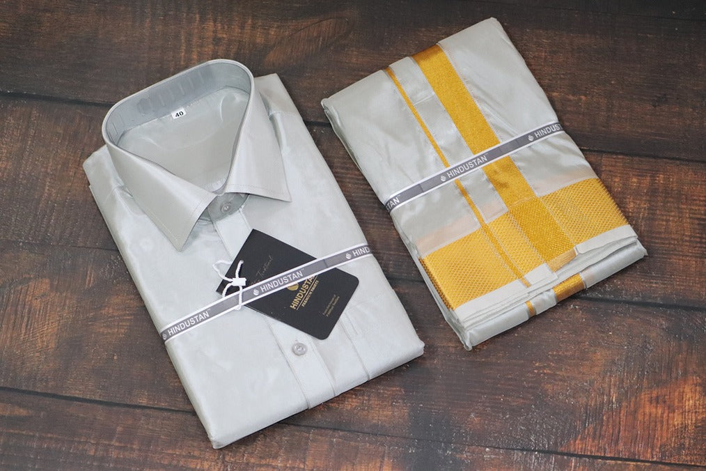 Artsilk Smoke Grey Shirt + Smoke Grey Dhoti with 100k Gold Border - Full Sleeve