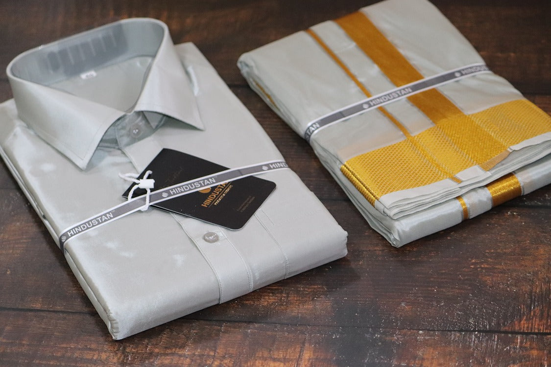 Artsilk Smoke Grey Shirt + Smoke Grey Dhoti with 100k Gold Border - Full Sleeve