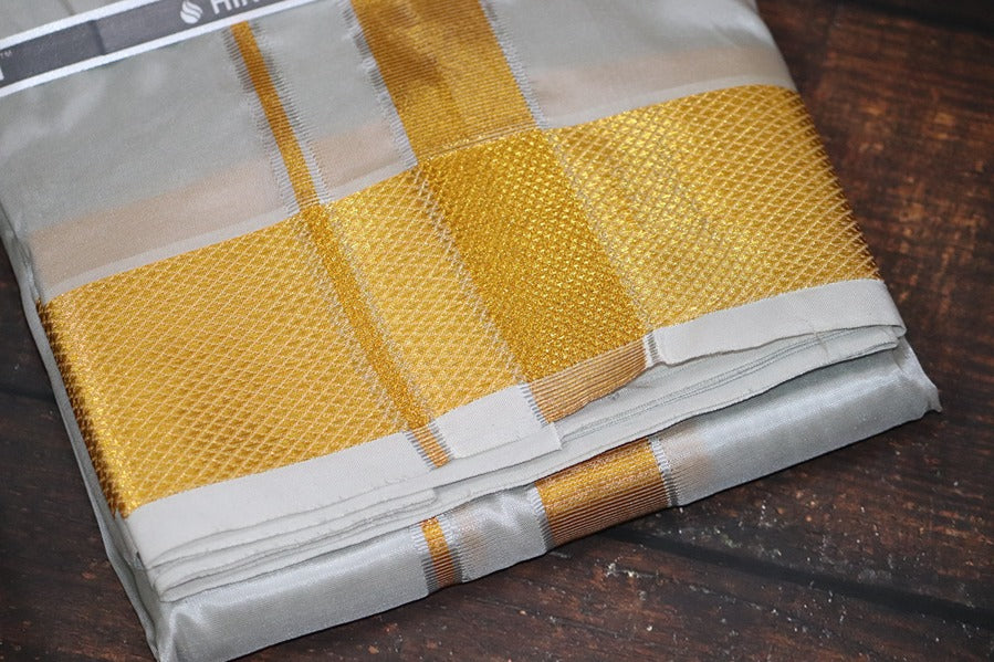 Artsilk Smoke Grey Shirt + Smoke Grey Dhoti with 100k Gold Border - Full Sleeve