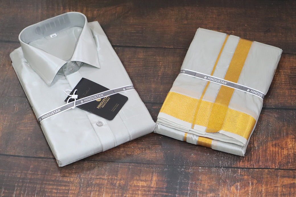 Artsilk Smoke Grey Shirt + Smoke Grey Dhoti with 100k Gold Border - Full Sleeve