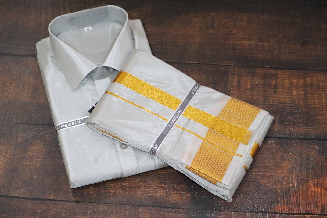 Artsilk Smoke Grey Shirt + Smoke Grey Dhoti with 100k Gold Border - Full Sleeve