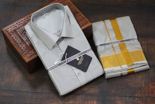 Artsilk Smoke Grey Shirt + Smoke Grey Dhoti with 100k Gold Border - Full Sleeve