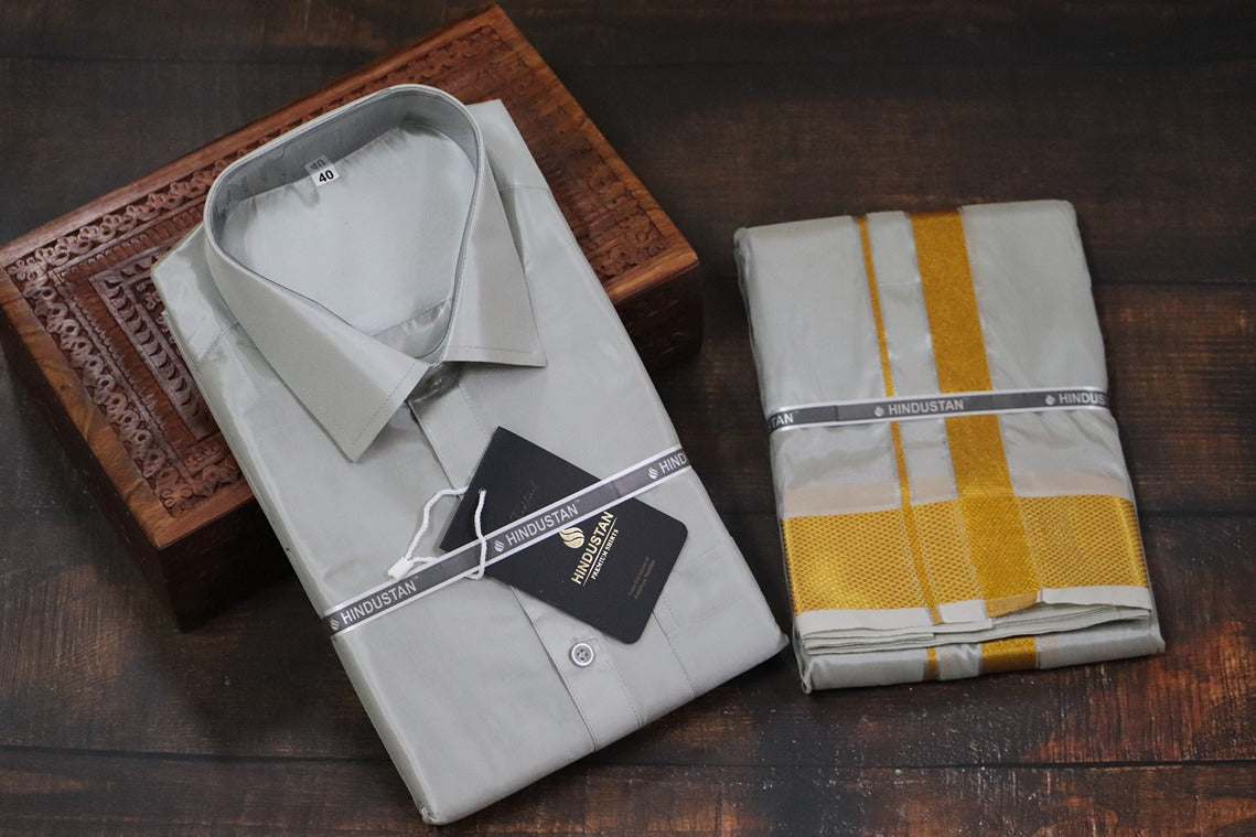 Artsilk Smoke Grey Shirt + Smoke Grey Dhoti with 100k Gold Border - Full Sleeve