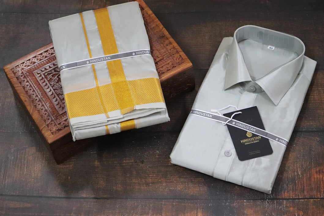 Artsilk Smoke Grey Shirt + Smoke Grey Dhoti with 100k Gold Border - Full Sleeve