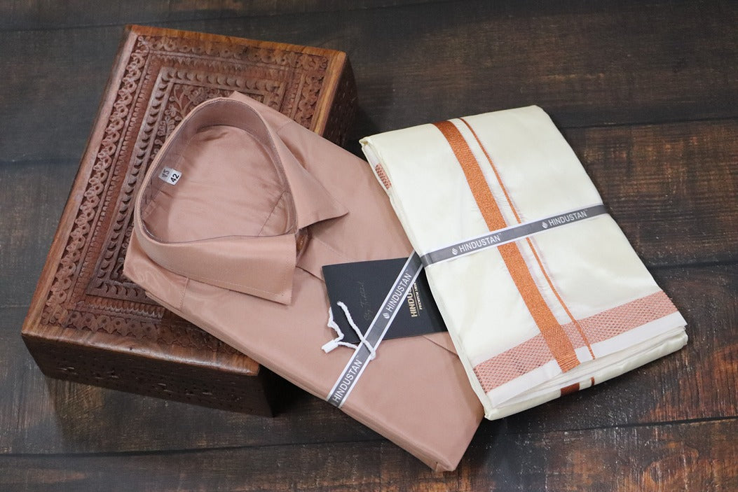 Artsilk Copper Shirt + Cream Dhoti with 50k Copper Border - Full Sleeve