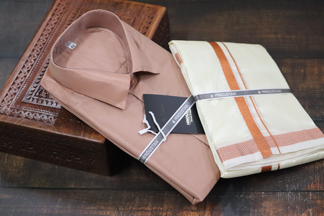 Artsilk Copper Shirt + Cream Dhoti with 50k Copper Border - Full Sleeve