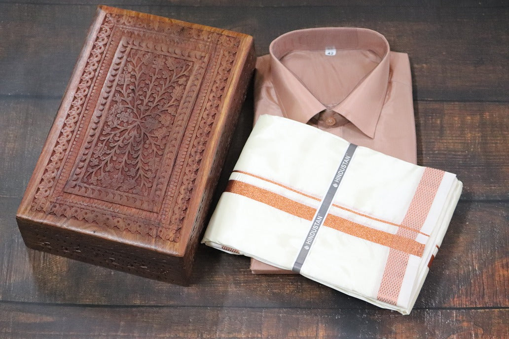 Artsilk Copper Shirt + Cream Dhoti with 50k Copper Border - Full Sleeve