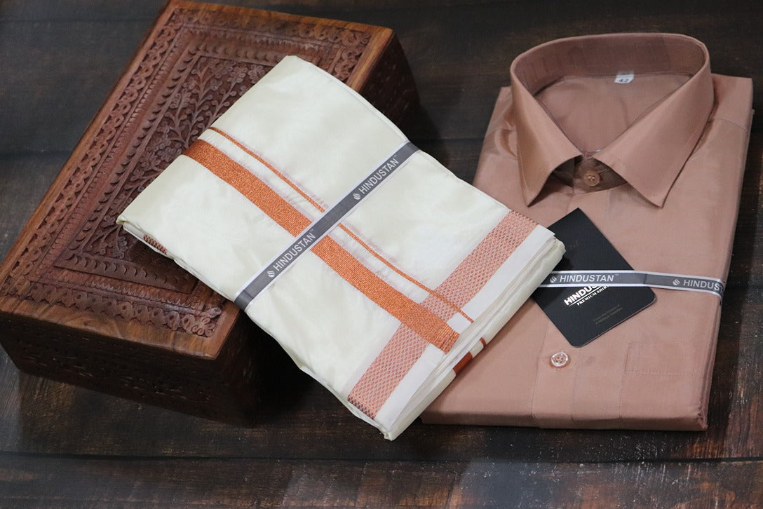 Artsilk Copper Shirt + Cream Dhoti with 50k Copper Border - Full Sleeve