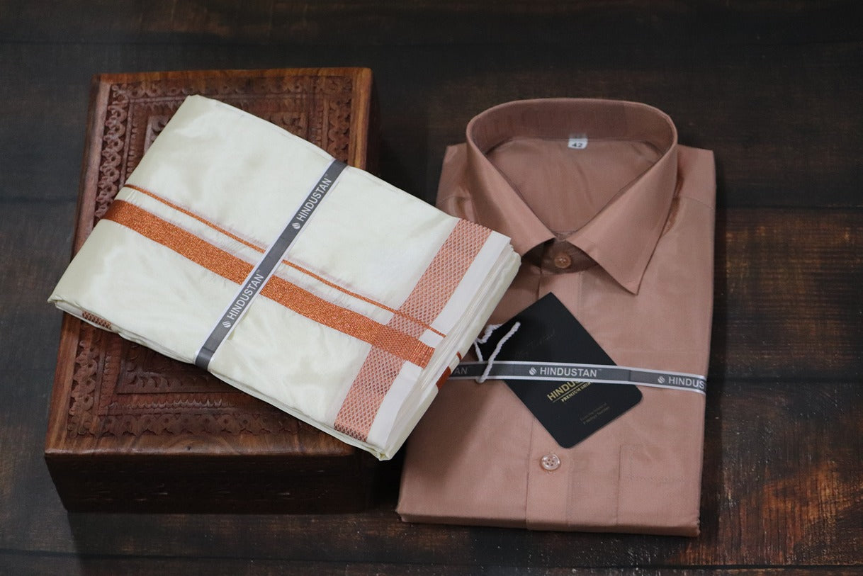 Artsilk Copper Shirt + Cream Dhoti with 50k Copper Border - Full Sleeve
