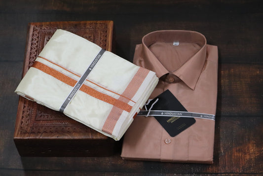 Artsilk Copper Shirt + Cream Dhoti with 50k Copper Border - Full Sleeve