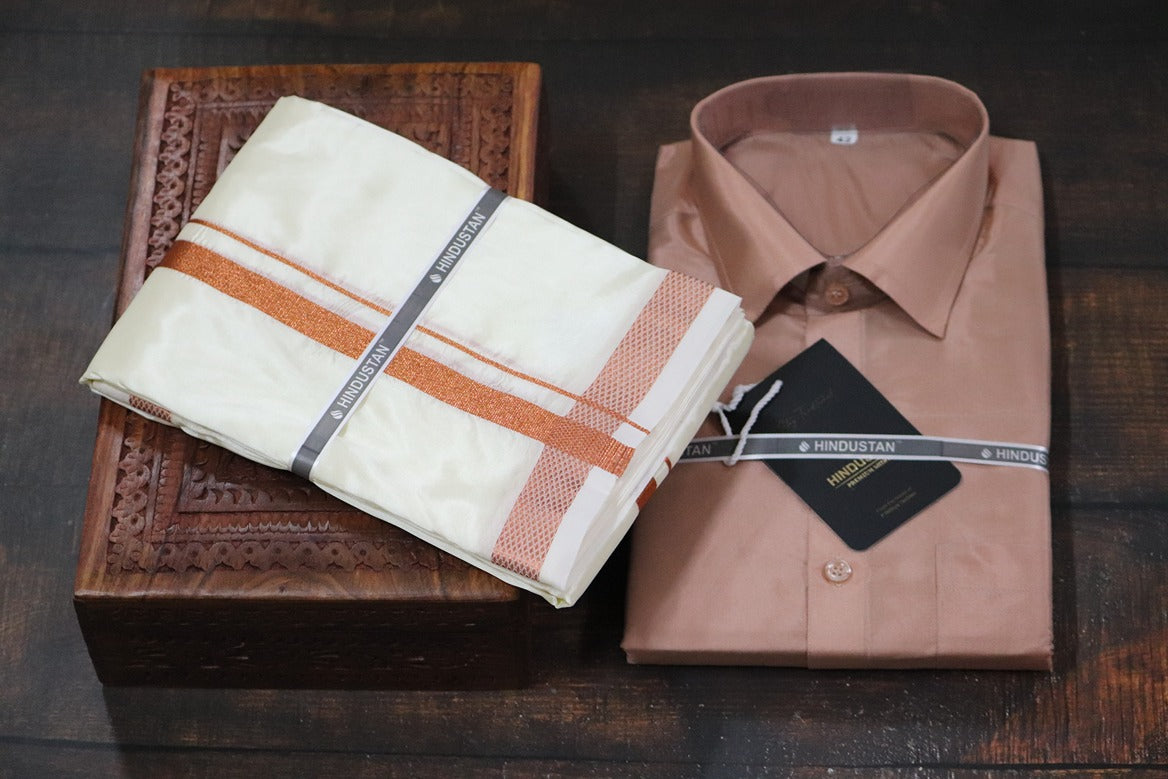 Artsilk Copper Shirt + Cream Dhoti with 50k Copper Border - Full Sleeve
