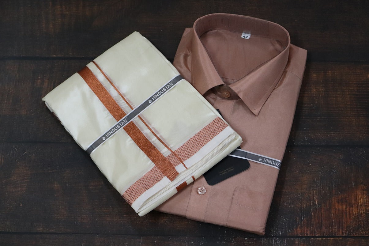 Artsilk Copper Shirt + Cream Dhoti with 50k Copper Border - Full Sleeve