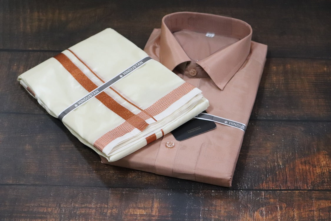 Artsilk Copper Shirt + Cream Dhoti with 50k Copper Border - Full Sleeve