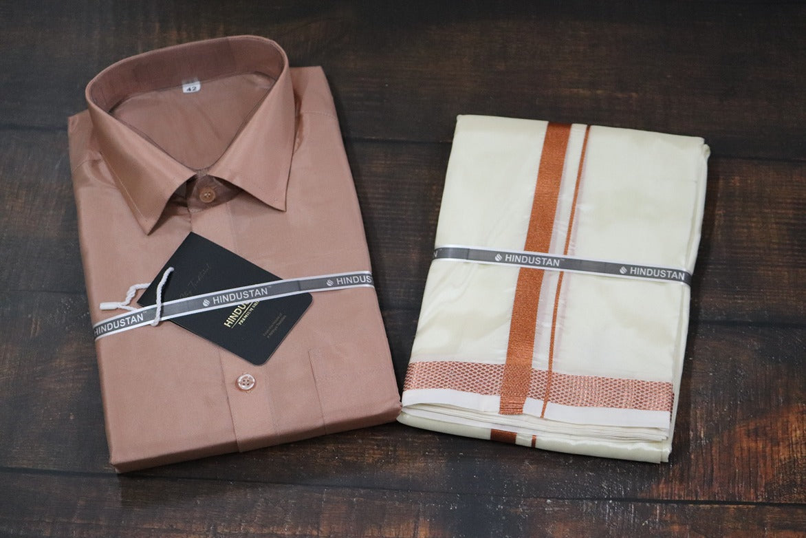 Artsilk Copper Shirt + Cream Dhoti with 50k Copper Border - Full Sleeve