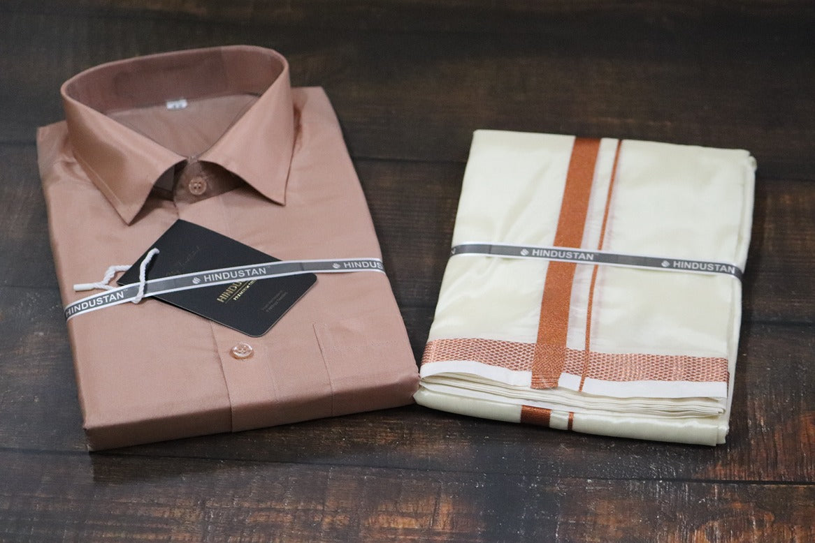 Artsilk Copper Shirt + Cream Dhoti with 50k Copper Border - Full Sleeve
