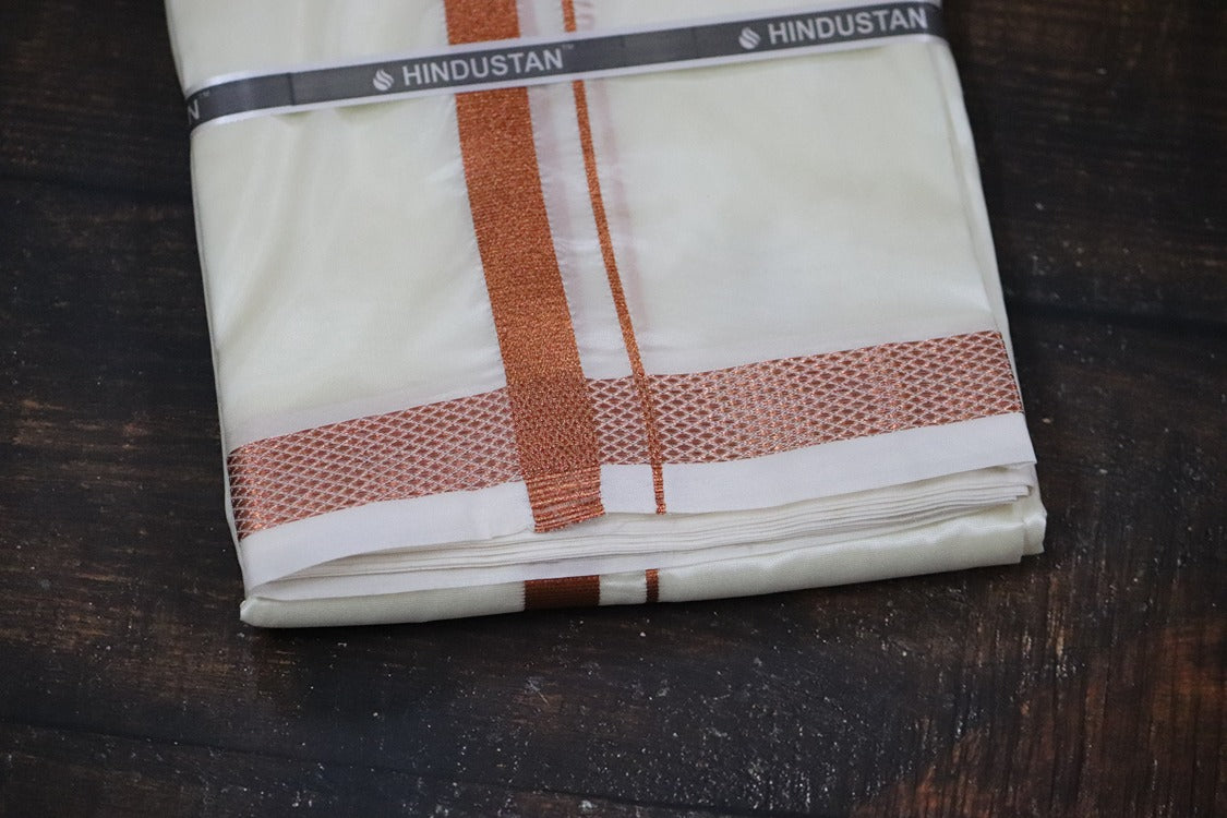 Artsilk Copper Shirt + Cream Dhoti with 50k Copper Border - Full Sleeve