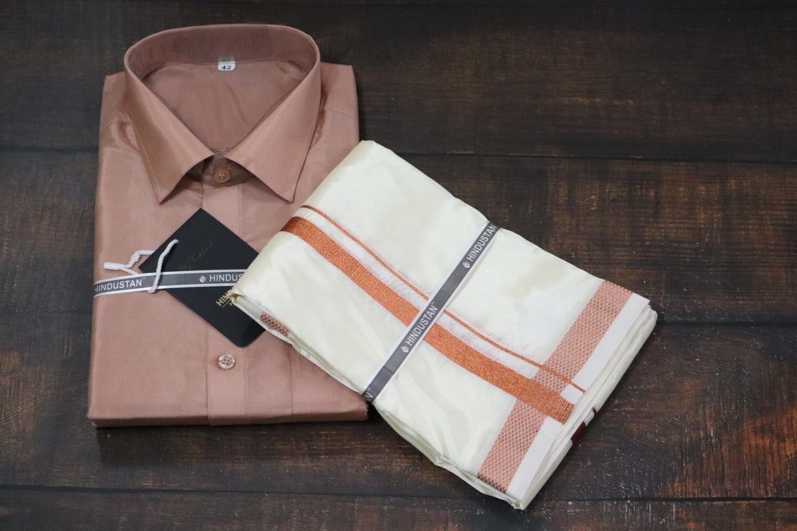 Artsilk Copper Shirt + Cream Dhoti with 50k Copper Border - Full Sleeve