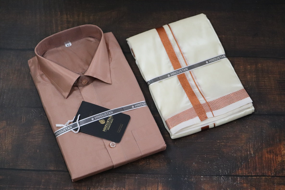 Artsilk Copper Shirt + Cream Dhoti with 50k Copper Border - Full Sleeve