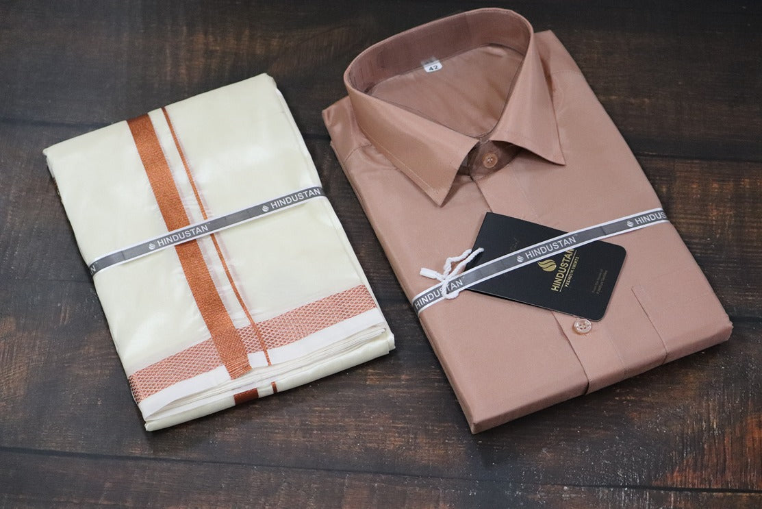 Artsilk Copper Shirt + Cream Dhoti with 50k Copper Border - Full Sleeve