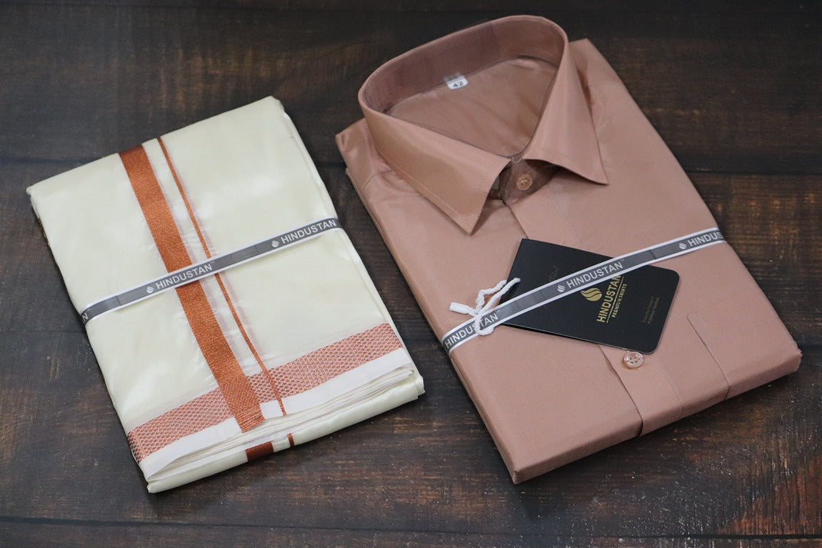 Artsilk Copper Shirt + Cream Dhoti with 50k Copper Border - Full Sleeve