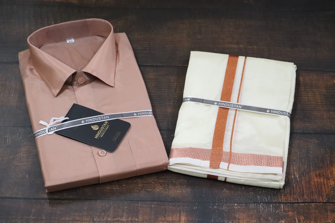 Artsilk Copper Shirt + Cream Dhoti with 50k Copper Border - Full Sleeve