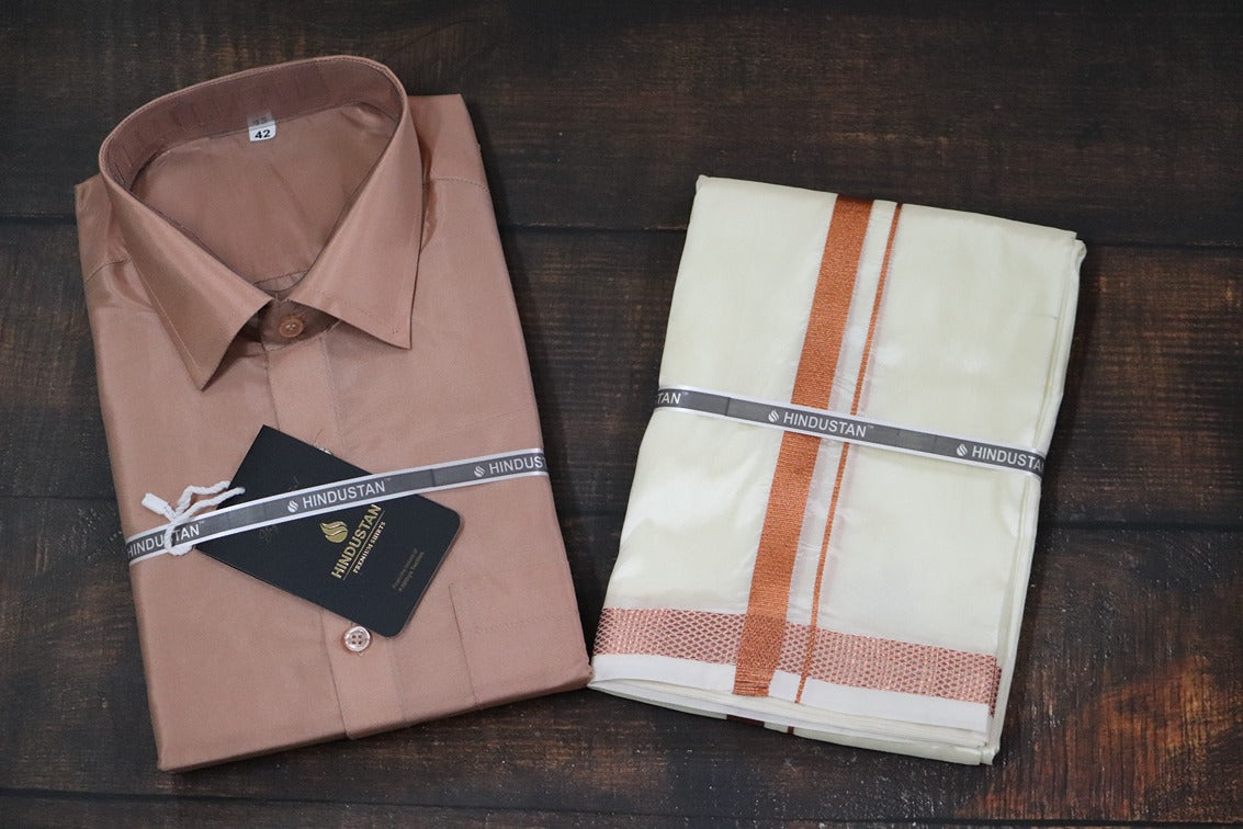 Artsilk Copper Shirt + Cream Dhoti with 50k Copper Border - Full Sleeve
