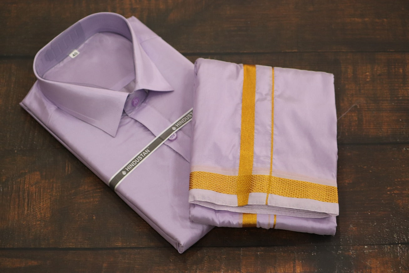 Artsilk Ultra Violet Shirt + Dhoti with 50k Border Set - Full Sleeve