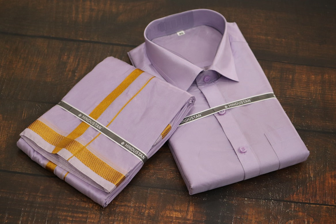 Artsilk Ultra Violet Shirt + Dhoti with 50k Border Set - Full Sleeve