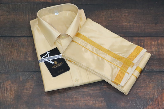 Artsilk Bright Gold Shirt + Dhoti with 50k Gold Border - Full Sleeve