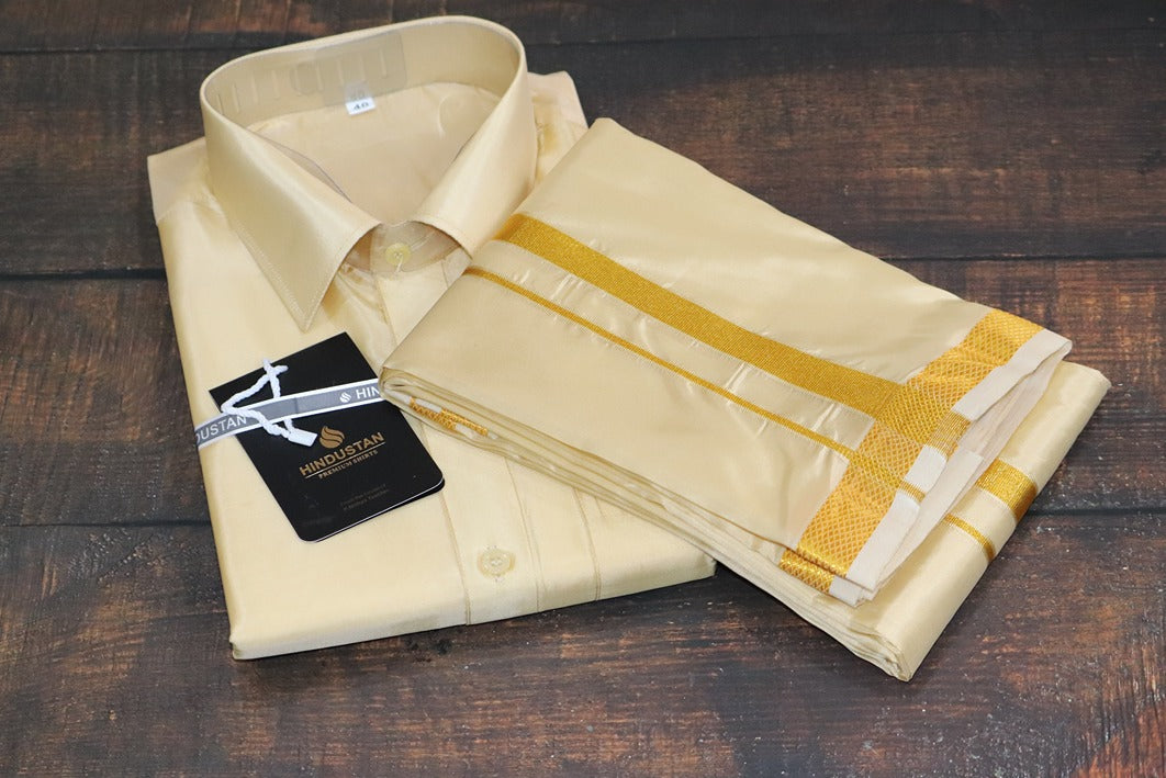 Artsilk Bright Gold Shirt + Dhoti with 50k Gold Border - Full Sleeve