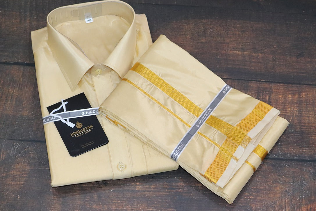 Artsilk Bright Gold Shirt + Dhoti with 50k Gold Border - Full Sleeve