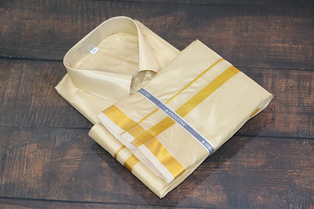 Artsilk Bright Gold Shirt + Dhoti with 50k Gold Border - Full Sleeve