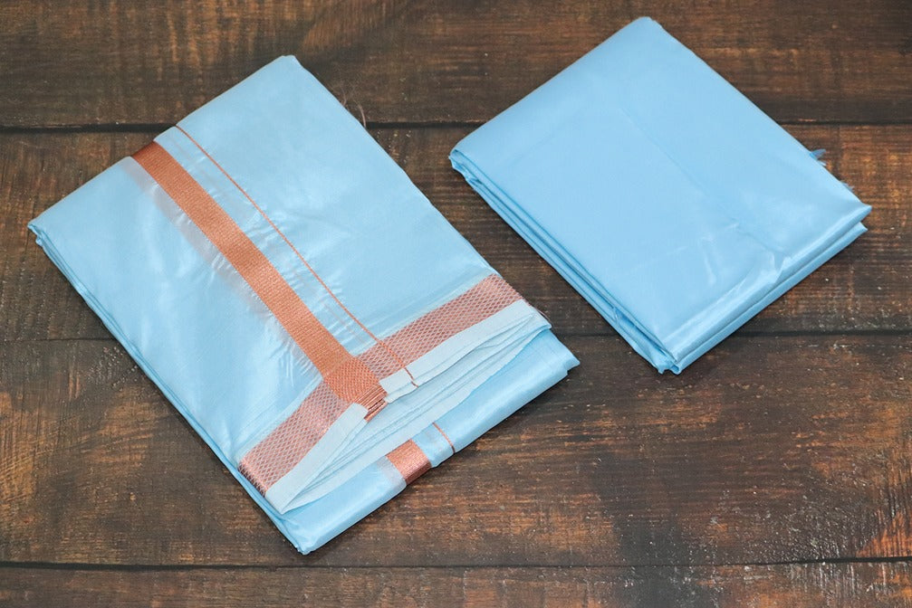 Artsilk Ocean Blue Combo Set (Shirt Fabric + Dhoti with 50k Copper Border)