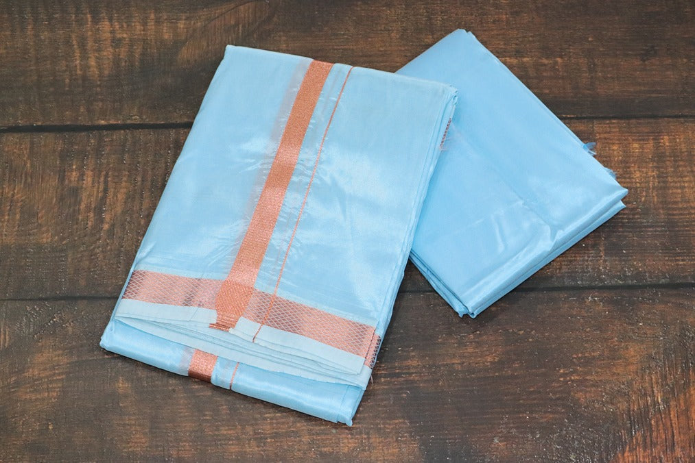 Artsilk Ocean Blue Combo Set (Shirt Fabric + Dhoti with 50k Copper Border)