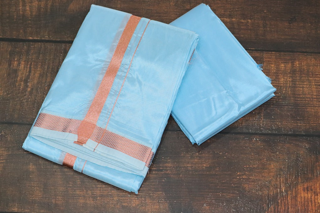 Artsilk Ocean Blue Combo Set (Shirt Fabric + Dhoti with 50k Copper Border)