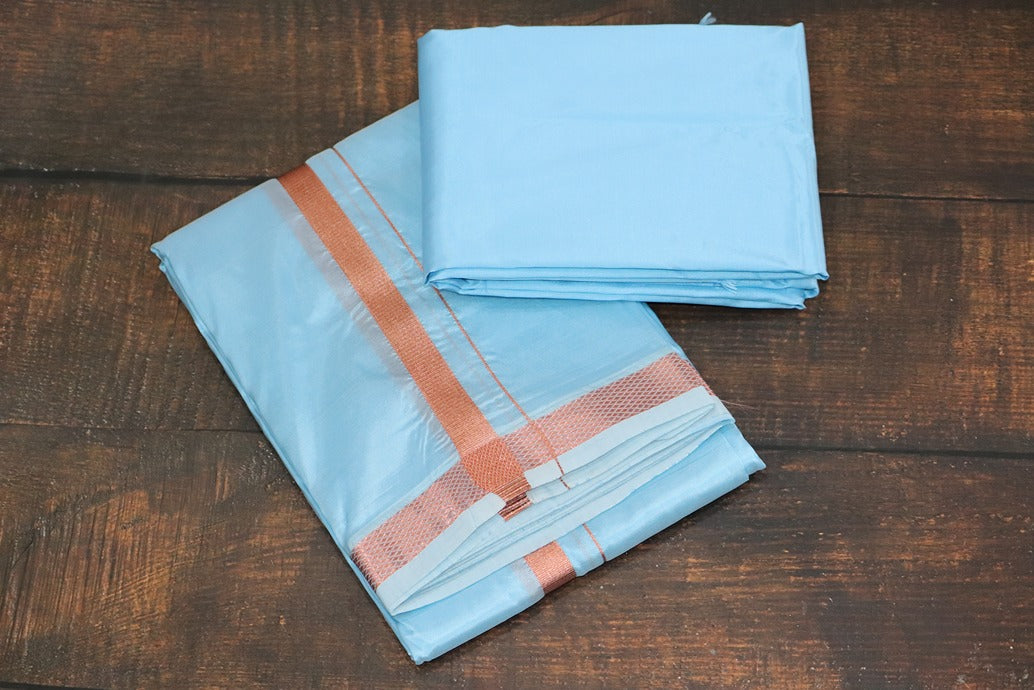 Artsilk Ocean Blue Combo Set (Shirt Fabric + Dhoti with 50k Copper Border)