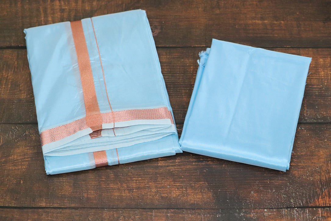 Artsilk Ocean Blue Combo Set (Shirt Fabric + Dhoti with 50k Copper Border)