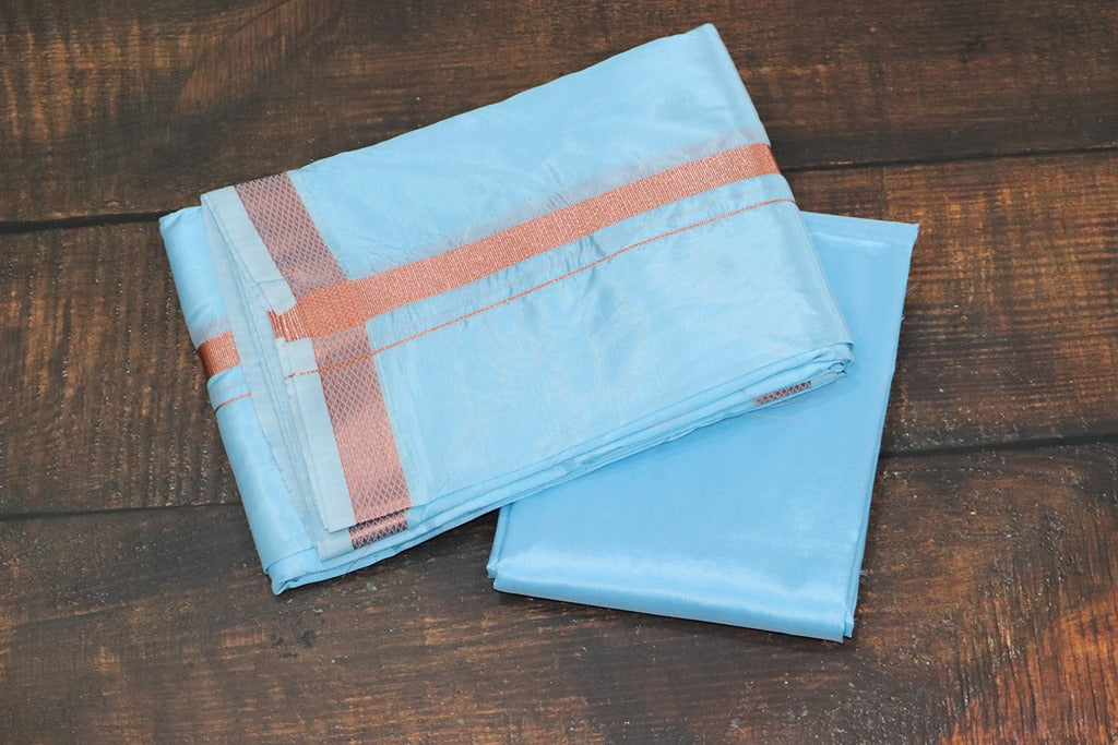 Artsilk Ocean Blue Combo Set (Shirt Fabric + Dhoti with 50k Copper Border)