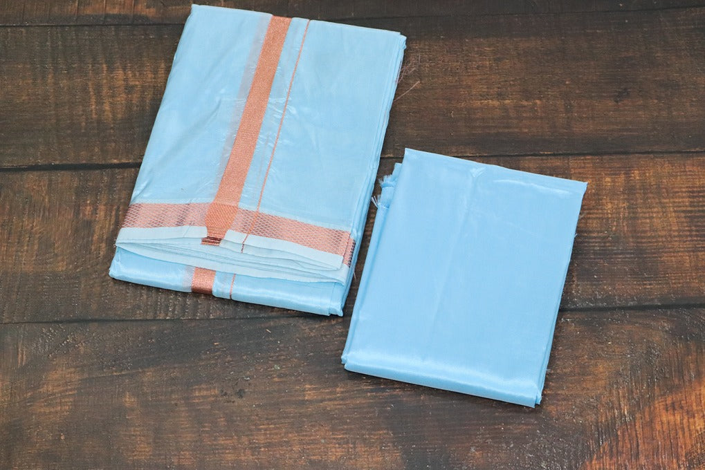 Artsilk Ocean Blue Combo Set (Shirt Fabric + Dhoti with 50k Copper Border)