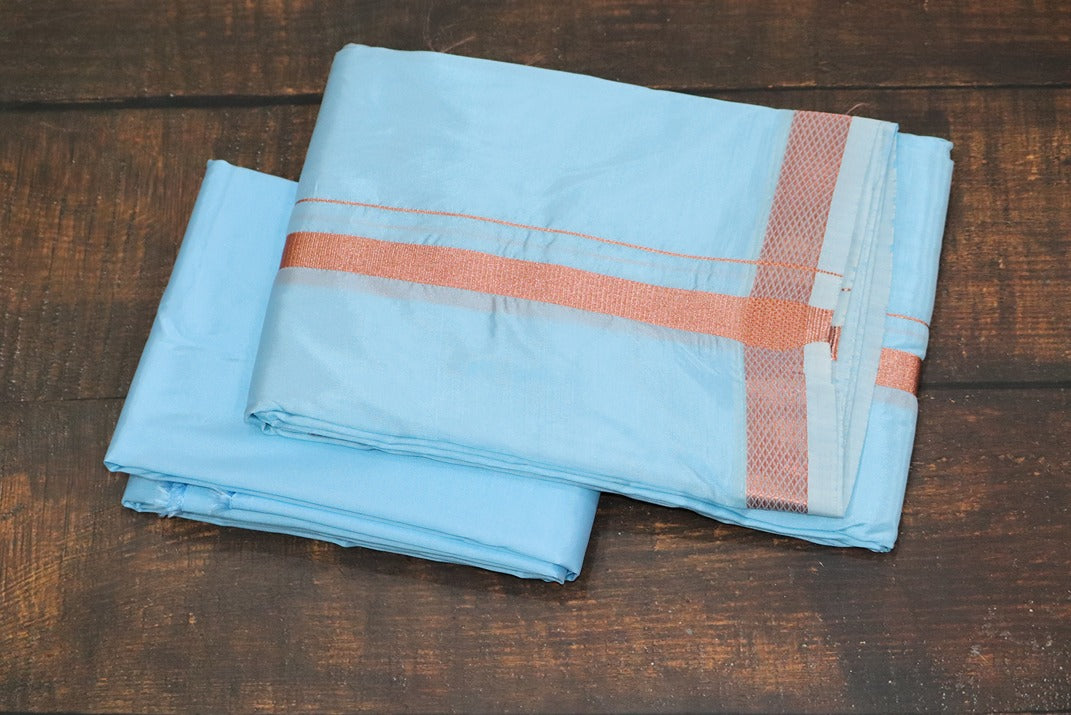 Artsilk Ocean Blue Combo Set (Shirt Fabric + Dhoti with 50k Copper Border)