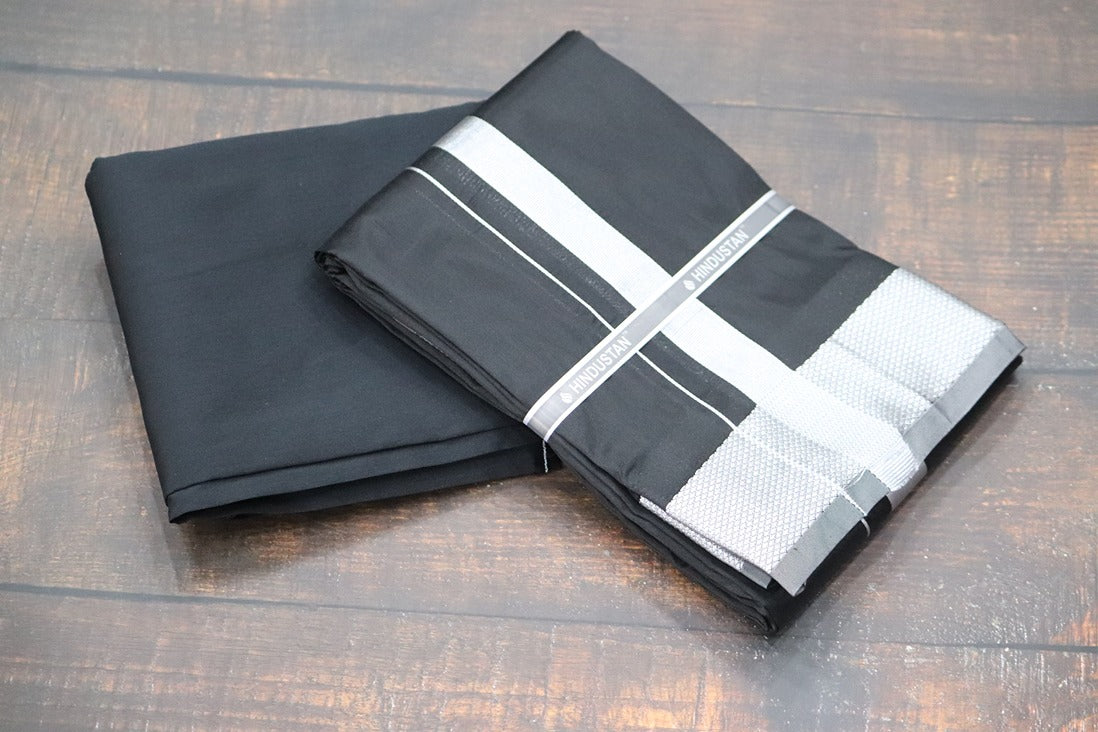 Artsilk Galaxy Black Shirt Fabric + Dhoti with 100k Silver Jari Border