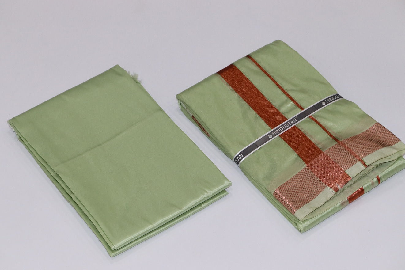 Artsilk Crystal Green Shirt Fabric + Dhoti with 80k Copper Border