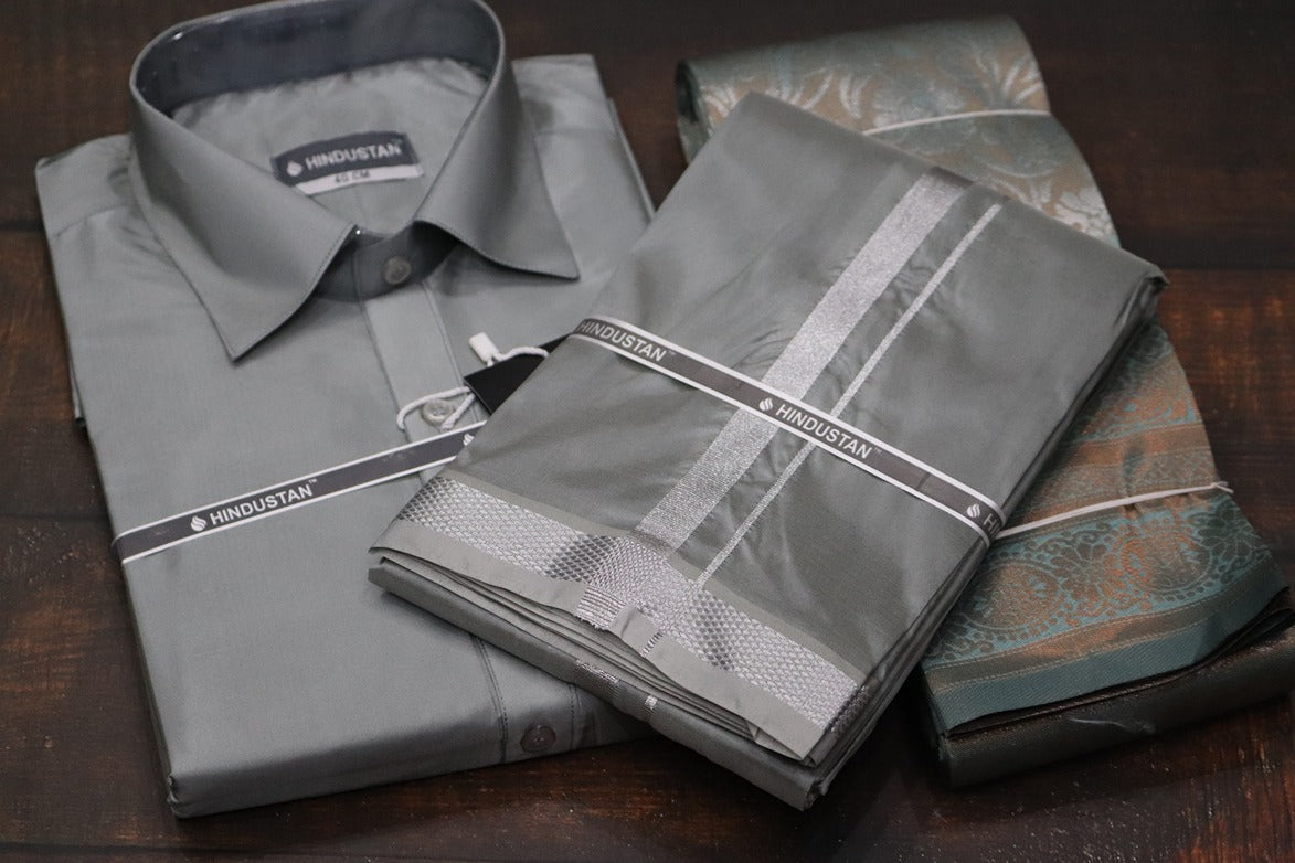 Raja Rani Readymade Steel Grey Shirt + 50k Silver Border & Saree Combo