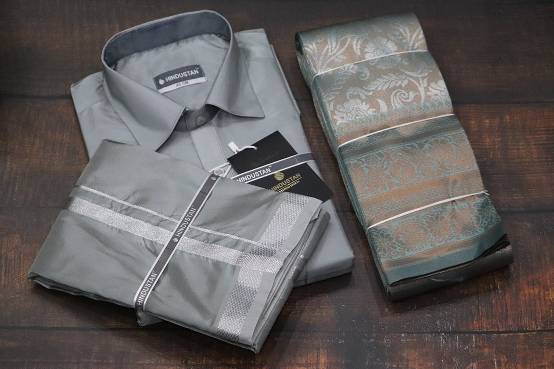 Raja Rani Readymade Steel Grey Shirt + 50k Silver Border & Saree Combo