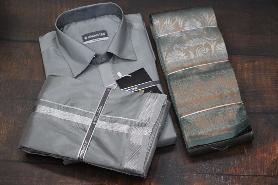 Raja Rani Readymade Steel Grey Shirt + 50k Silver Border & Saree Combo